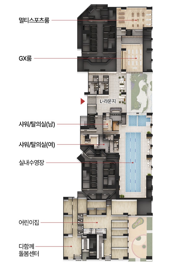 상동역 롯데캐슬 시그니처 커뮤니티 배치도 3: 피트니스 · 라이브러리